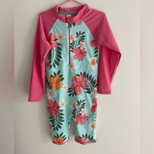 One piece shorts bathing suit in aqua and pink. Fits size 10 girl